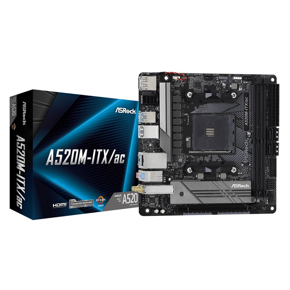 A520M-ITX_AC Материнская плата ASRock A520M-ITX/AC, Socket AM4, AMD A520, 2xDDR4-3200, HDMI+DP, 1xPCI-Ex16, 4xSATA3(RAID 0/1/10), 1xM.2, 8 Ch Audio, 1xGLan, WiFi, (2+2)xUSB2.0, (3+2)xUSB3.2, (1+0)xUSB3.2 Type-C™, 1xPS/2, Mini-ITX, RTL, {20} (932045) — изображение 1