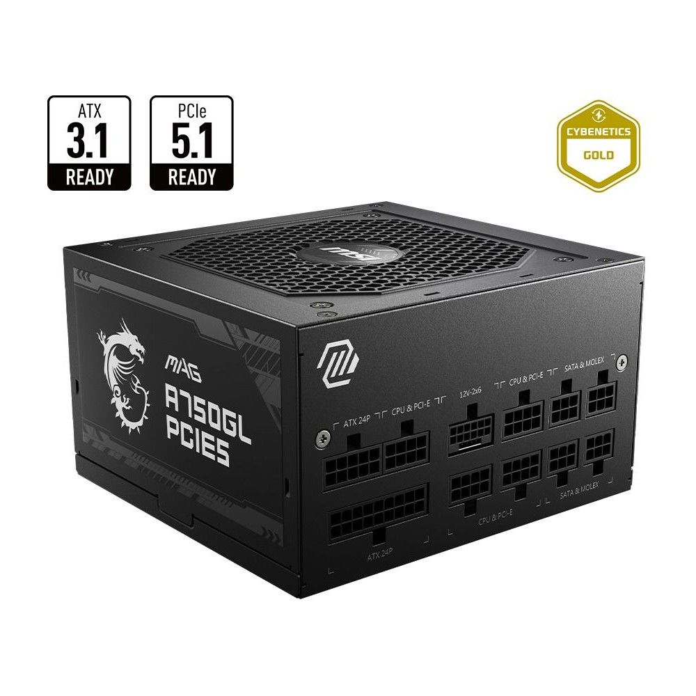 306-7ZP8B11-CE0 Блок питания ПК MSI MAG A750GL PCIE5 EU, 750W, Fully-Modular, 80 Plus Gold, Color Box, Pallet packing,7Y Warranty — изображение 1